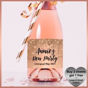 Sheet of Personalised CHAMPAGNE / WINE Prosecco LABELS, Large & Small Bottle, Birthday, Hen Party Night, Party Favour, Faux Glitter Effect
