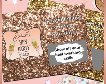 10 x Personalised DARE SCRATCH CARDS, Hen Night, Birthday Party Game,  Team Bride, Faux Glitter Effect