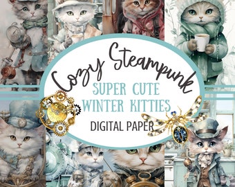 Cat Junk Journal Paper, Cute Steampunk Kitties, Decorative Paper Pack, Printable Paper, Scrapbook, Feline Paper Pack, Decoupage, Ephemera