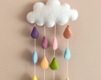 Felt Cloud and Raindrops Wall Hanging, Felt Cloud Ornament, Felt Cloud Raindrops, Felt Cloud Nursery Decor, Felt Cloud Baby Room, Nursery