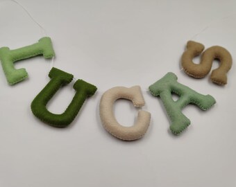 May include: A felt banner with the name "LUCAS" spelled out in green, brown and cream letters. The letters are connected by a white string.