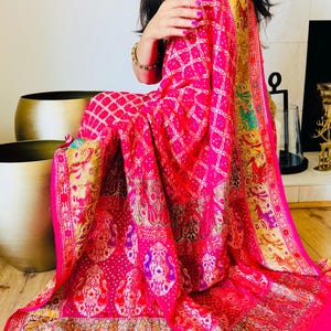 Multi - Meenakari Jaal Handwoven Pure Georgette Banarasi Saree with Authentic Hand Bandhej, silk mark certified