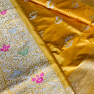 Banarasi Alfi Sona-Rupa Dolphin Buta Kadhuan Brocade meenakari Handwoven Pure Katan Silk Saree in golden yellow | silk mark certified