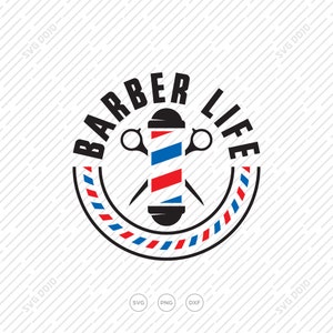 May include: A black and white logo with the text "Barber Life" in a circle. Inside the circle is a red, white and blue barber's pole with crossed scissors.