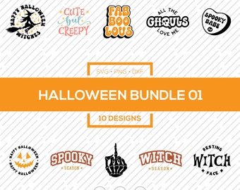 May include: A Halloween-themed bundle featuring ten unique designs. The designs include phrases like "Happy Halloween Witches," "Cute but Creepy," and "Fab Boo Lous." The bundle also includes SVG, PNG, and DXF file formats.