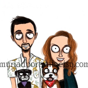 Puede incluir: Una ilustraci&oacute;n digital de una pareja con ojos grandes y rasgos exagerados. El hombre lleva una camisa blanca con estampado de tigre y la mujer lleva una camisa azul oscuro. Est&aacute;n sosteniendo dos perros, uno negro y otro marr&oacute;n y blanco.