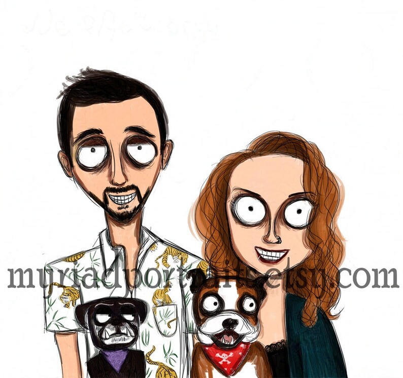Puede incluir: Una ilustraci&oacute;n digital de una pareja con ojos grandes y rasgos exagerados. El hombre lleva una camisa blanca con estampado de tigre y la mujer lleva una camisa azul oscuro. Est&aacute;n sosteniendo dos perros, uno negro y otro marr&oacute;n y blanco.