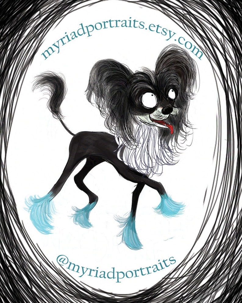 May include: Whimsical illustration of a black dog with long, floppy ears and blue accents on its paws. The dog has a long, thin tail and a lolling red tongue. The image is framed by a black, scribbled oval, with text that reads "myriadportraits.etsy.com" and "@myriadportraits."