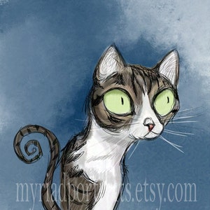 May include: A digital illustration of a cat with large green eyes, brown and white fur, and a curled tail. The cat is set against a blue background. The Etsy shop name, "myriadportraits.etsy.com", is visible at the bottom.
