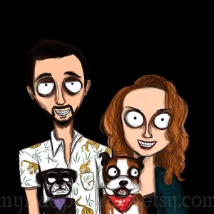 May include: A whimsical cartoon portrait of a couple with two dogs. The man wears a white shirt with a tiger print. The woman has red hair. The dogs are a black pug and a brown and white boxer. The background is black.
