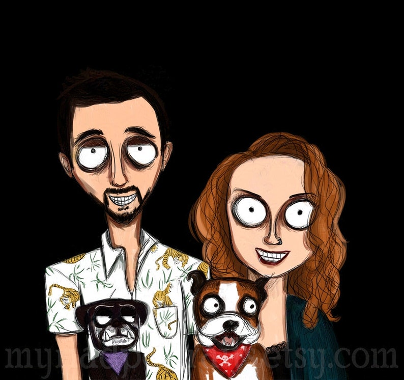 May include: A whimsical cartoon portrait of a couple with two dogs. The man wears a white shirt with a tiger print. The woman has red hair. The dogs are a black pug and a brown and white boxer. The background is black.