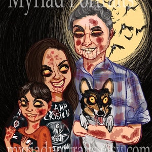 Puede incluir: Una ilustraci&oacute;n digital de una familia de tres, un perro y una luna llena. La familia est&aacute; vestida con disfraces de Halloween y cubierta de sangre falsa. El padre lleva una camisa a cuadros, la madre lleva una camiseta negra con las palabras "Camp Crystal Lake" y el hijo lleva una camiseta naranja. El perro lleva un collar blanco y negro. La luna es amarilla y tiene murci&eacute;lagos volando a su alrededor.
