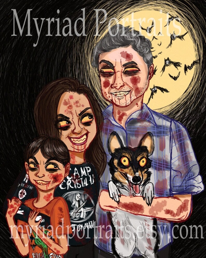 Puede incluir: Una ilustraci&oacute;n digital de una familia de tres, un perro y una luna llena. La familia est&aacute; vestida con disfraces de Halloween y cubierta de sangre falsa. El padre lleva una camisa a cuadros, la madre lleva una camiseta negra con las palabras "Camp Crystal Lake" y el hijo lleva una camiseta naranja. El perro lleva un collar blanco y negro. La luna es amarilla y tiene murci&eacute;lagos volando a su alrededor.