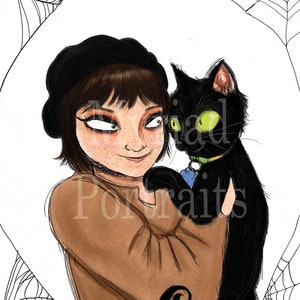 May include: Illustration of a person with freckles wearing a black beret, holding a black cat with green eyes. The cat wears a green collar. The background includes a spiderweb design and the word "Portraits".