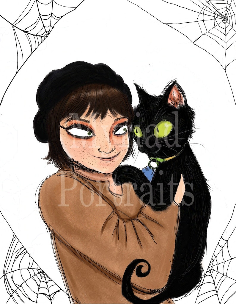 May include: Illustration of a person with freckles wearing a black beret, holding a black cat with green eyes. The cat wears a green collar. The background includes a spiderweb design and the word "Portraits".