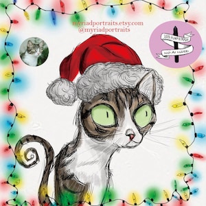 Ritratto natalizio personalizzato per animali domestici, regalo di Natale personalizzato, illustrazione di animali domestici fatta a mano, regalo per amanti dei gatti, mamma di cani, amante dei cani, arte in stile spettrale