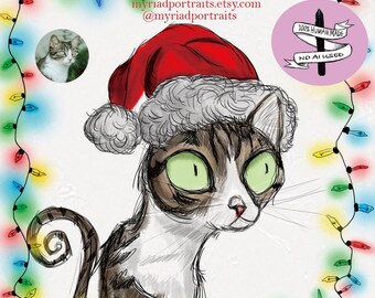 Custom Christmas Pet Portrait, Personalized Holiday Gift, Handmade Pet Illustration, Cat Lover Gift, Dog Mom, Dog Lover, Spooky Style Art