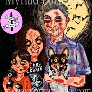 Regalo di Halloween personalizzato / Non AI / Ritratto di animale domestico / Disegno di famiglia gotico fatto a mano / Cartone animato spettrale da foto / Ritratto horror / Arte zombie