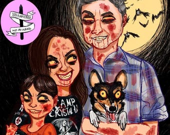 Custom Halloween Gift | Non AI | Pet Portrait | Handmade Gothic Family Drawing | Spooky Cartoon From Photo | Horror Portrait | Zombie Art