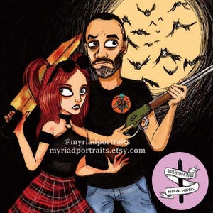 Ritratto di famiglia horror personalizzato fatto a mano / Schizzo di coppia gotica / Illustrazione di famiglia disegnata a mano / Da foto a disegno / Regalo di Halloween / Disegnami immagine 1