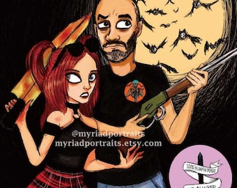 Handmade Custom Horror Family Portrait | Gothic Couple Sketch | Hand Drawn Family Illustration | Photo to Drawing | Halloween Gift | Draw Me