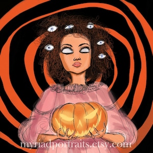Pu&ograve; includere: Un'illustrazione digitale di una donna con i capelli castani e occhi multipli, che indossa un vestito rosa e tiene una zucca intagliata. Lo sfondo &egrave; un motivo a spirale di arancione e nero.