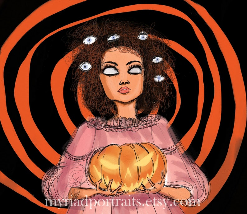 Pu&ograve; includere: Un'illustrazione digitale di una donna con i capelli castani e occhi multipli, che indossa un vestito rosa e tiene una zucca intagliata. Lo sfondo &egrave; un motivo a spirale di arancione e nero.