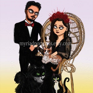 Puede incluir: Una ilustraci&oacute;n digital de una pareja con tres gatos. La mujer lleva un vestido negro y una corona de flores rojas. Est&aacute; sentada en una silla de mimbre. El hombre lleva un traje negro y una pajarita. Los gatos son negros, blancos y naranjas. El fondo es un degradado de morado y amarillo.