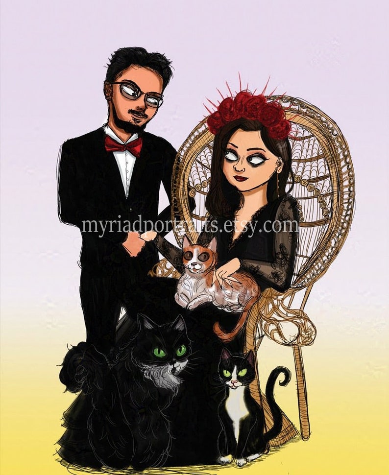 Puede incluir: Una ilustraci&oacute;n digital de una pareja con tres gatos. La mujer lleva un vestido negro y una corona de flores rojas. Est&aacute; sentada en una silla de mimbre. El hombre lleva un traje negro y una pajarita. Los gatos son negros, blancos y naranjas. El fondo es un degradado de morado y amarillo.