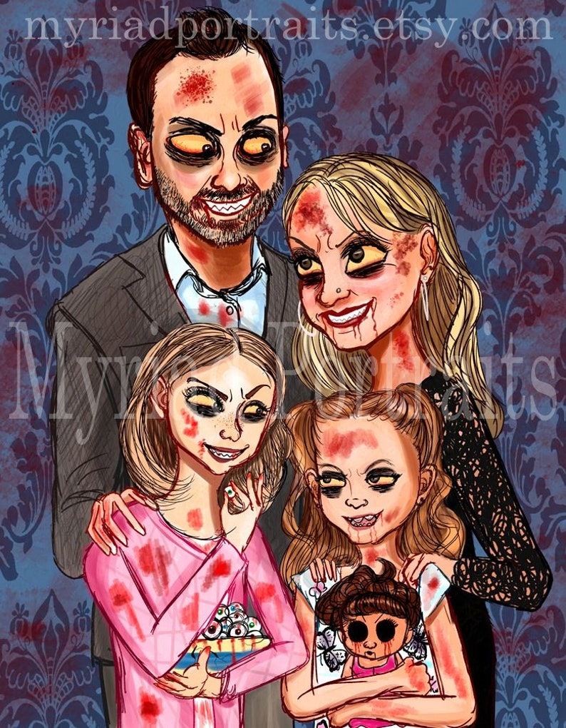 Pu&ograve; includere: Un'illustrazione digitale di una famiglia di quattro persone, un uomo, una donna e due ragazze, tutti con volti e vestiti insanguinati. La famiglia &egrave; raffigurata in uno stile cartone animato con tratti esagerati. Lo sfondo &egrave; una carta da parati a motivi blu scuro e viola.