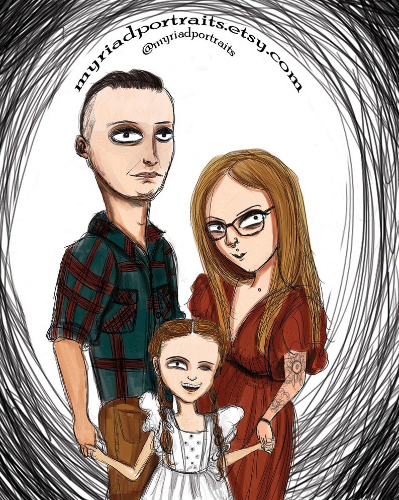 Puede incluir: Una ilustraci&oacute;n digital de un retrato familiar. Un hombre con pelo corto casta&ntilde;o, una mujer con pelo largo casta&ntilde;o y una ni&ntilde;a con pelo largo casta&ntilde;o se toman de la mano. El hombre lleva una camisa a cuadros, la mujer lleva un vestido rojo y la ni&ntilde;a lleva un vestido blanco. El fondo es un patr&oacute;n de espiral en blanco y negro.