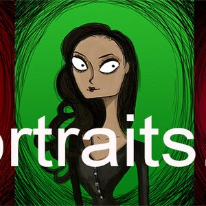 Puede incluir: Cinco ilustraciones digitales de una mujer con cabello oscuro y ojos grandes. Cada ilustraci&oacute;n est&aacute; sobre un fondo de color diferente: azul, rojo, verde, rojo y morado. El texto "myriadportraits.etsy.com" est&aacute; en la parte inferior de la imagen.