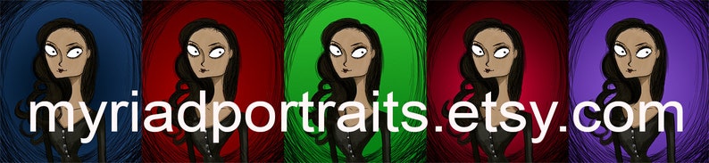 Puede incluir: Cinco ilustraciones digitales de una mujer con cabello oscuro y ojos grandes. Cada ilustraci&oacute;n est&aacute; sobre un fondo de color diferente: azul, rojo, verde, rojo y morado. El texto "myriadportraits.etsy.com" est&aacute; en la parte inferior de la imagen.