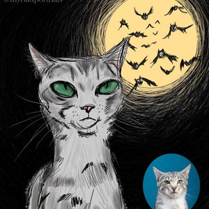May include: A digital illustration of a gray cat with green eyes, set against a dark background with a yellow moon and bats. A smaller portrait of the cat is in a blue circle. The Etsy shop name and Instagram handle are in the top left.