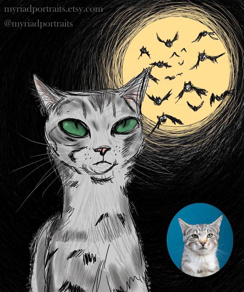 May include: A digital illustration of a gray cat with green eyes, set against a dark background with a yellow moon and bats. A smaller portrait of the cat is in a blue circle. The Etsy shop name and Instagram handle are in the top left.
