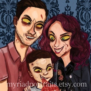 Retrato familiar de terror personalizado / Ilustración familiar de zombis / Regalo del Día del Padre / Caricatura de terror / Boceto familiar dibujado a mano