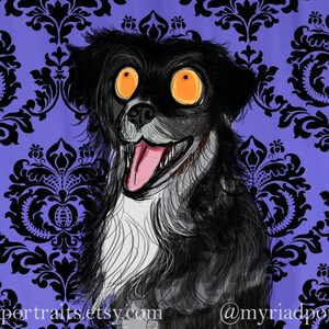 May include: Illustration of a black and white dog with orange eyes and a pink tongue, set against a purple damask pattern background. The Etsy shop name is visible at the bottom of the image.