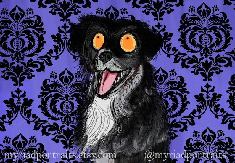 May include: Illustration of a black and white dog with orange eyes and a pink tongue, set against a purple damask pattern background. The Etsy shop name is visible at the bottom of the image.