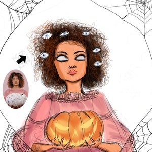 Puede incluir: Una ilustraci&oacute;n digital de una mujer con cabello casta&ntilde;o rizado y m&uacute;ltiples ojos. Lleva un vestido rosa y sostiene una calabaza naranja tallada. Hay una telara&ntilde;a en el fondo.