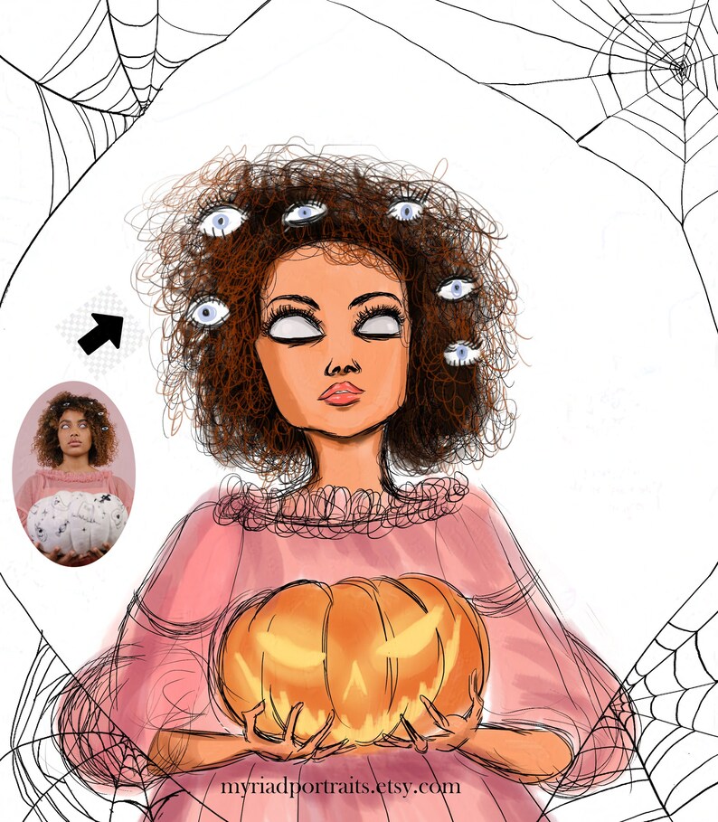 Puede incluir: Una ilustraci&oacute;n digital de una mujer con cabello casta&ntilde;o rizado y m&uacute;ltiples ojos. Lleva un vestido rosa y sostiene una calabaza naranja tallada. Hay una telara&ntilde;a en el fondo.