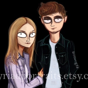 Pu&ograve; includere: Un'illustrazione digitale di una coppia, una donna con lunghi capelli biondi che indossa una camicia viola e un uomo con i capelli castani che indossa una giacca nera e una camicia bianca. L'illustrazione &egrave; in stile cartone animato con tratti esagerati.