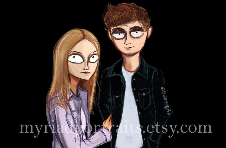 Pu&ograve; includere: Un'illustrazione digitale di una coppia, una donna con lunghi capelli biondi che indossa una camicia viola e un uomo con i capelli castani che indossa una giacca nera e una camicia bianca. L'illustrazione &egrave; in stile cartone animato con tratti esagerati.