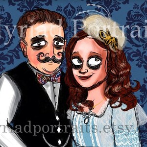 Puede incluir: Una ilustraci&oacute;n digital de una pareja en estilo vintage. El hombre lleva una camisa blanca, un chaleco negro, una pajarita y un bigote. La mujer lleva un vestido blanco con ribetes de encaje y un sombrero blanco con una mariposa amarilla.