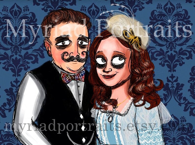 Puede incluir: Una ilustraci&oacute;n digital de una pareja en estilo vintage. El hombre lleva una camisa blanca, un chaleco negro, una pajarita y un bigote. La mujer lleva un vestido blanco con ribetes de encaje y un sombrero blanco con una mariposa amarilla.
