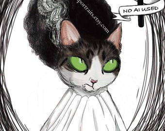 Custom Halloween Cat Portrait | Hand Drawn Cat Illustration | Cat Lovers Gift | Personalized Halloween Decor | Spooky Pet Drawing | Non AI