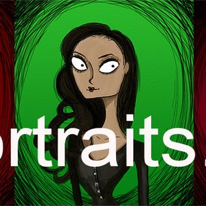 May include: A banner featuring five stylized portraits of a woman with dark hair and a black top, each set against a different colored background: blue, red, green, red, and purple. The text "myriadportraits.etsy.com" is displayed.