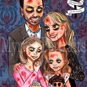 Retrato familiar personalizado y espeluznante / Dibujo animado a partir de una foto / Ilustración familiar dibujada a mano / Caricatura familiar / Regalo gótico de Halloween para parejas imagen 1