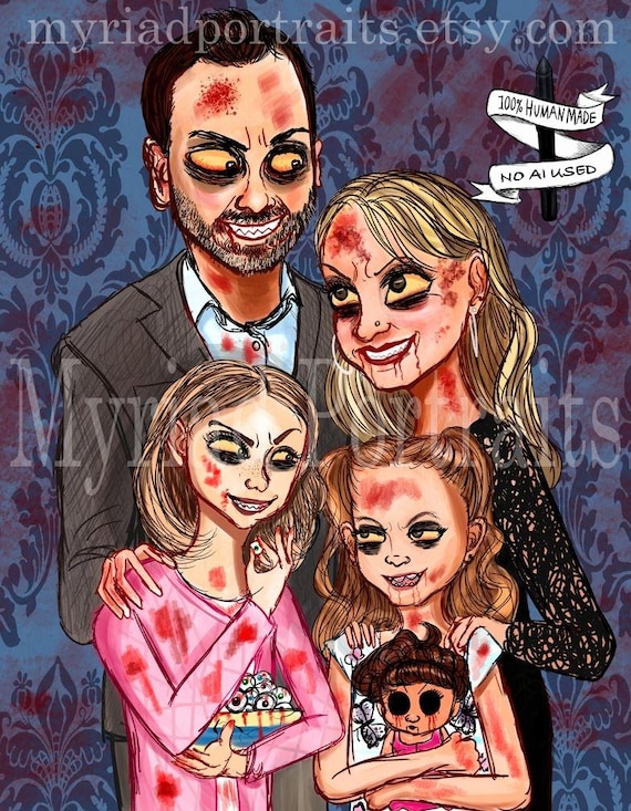 Spooky Custom Family Portrait | Cartoon from Photo |  Hand Drawn Family Illustration | Family Caricature | Halloween Gothic Couple Gift