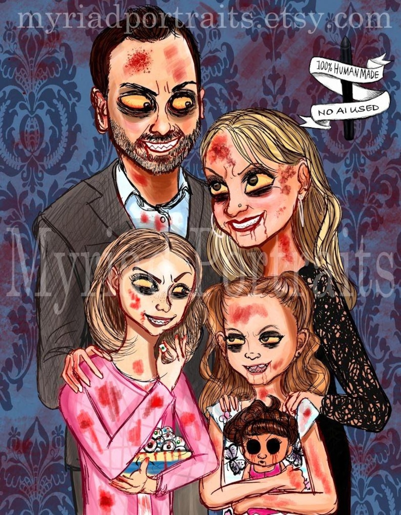 Retrato familiar personalizado y espeluznante / Dibujo animado a partir de una foto / Ilustración familiar dibujada a mano / Caricatura familiar / Regalo gótico de Halloween para parejas imagen 1