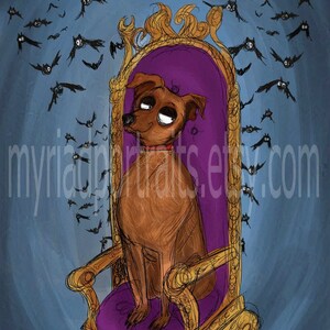 May include: Illustration of a brown dog seated on a purple throne with gold trim, surrounded by cartoon bats against a blue background. The dog has a smug expression. The Etsy shop name is visible.